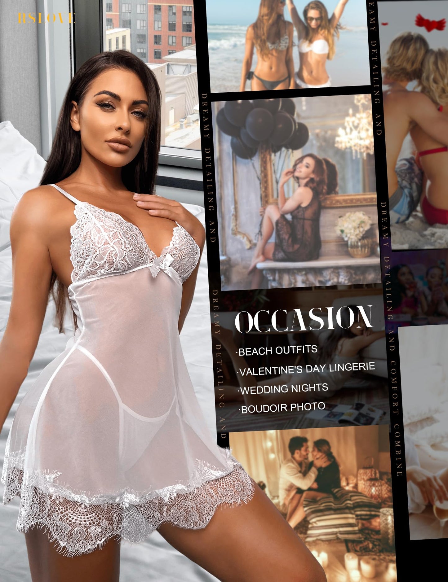 RSLOVE Women Sexy Lingerie Set 3 Piece Babydoll & Lace Kimono Robe Strap Chemise Mesh Nightgown Wine Red M