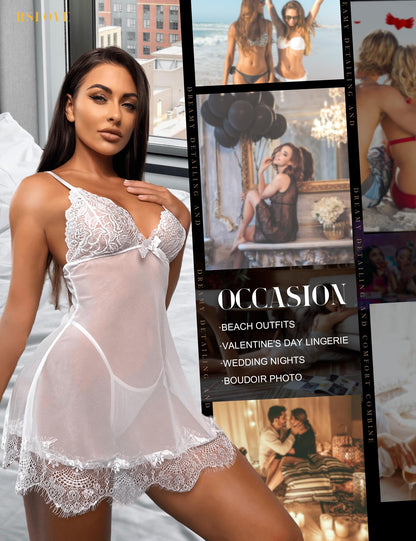 RSLOVE Women Sexy Lingerie Set 3 Piece Babydoll & Lace Kimono Robe Strap Chemise Mesh Nightgown Wine Red M