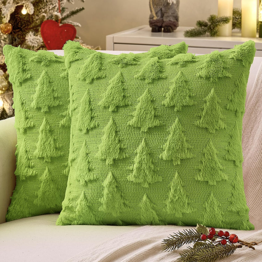 MIULEE Christmas Throw Pillow Covers Dark Green Christmas Decorations Set of 2 Xmas Tree 18x18 Pillow Covers Soft Plush Faux Wool Pillowcases Holiday Festivals Winter Home Decor Sofa Couch Bed Porch