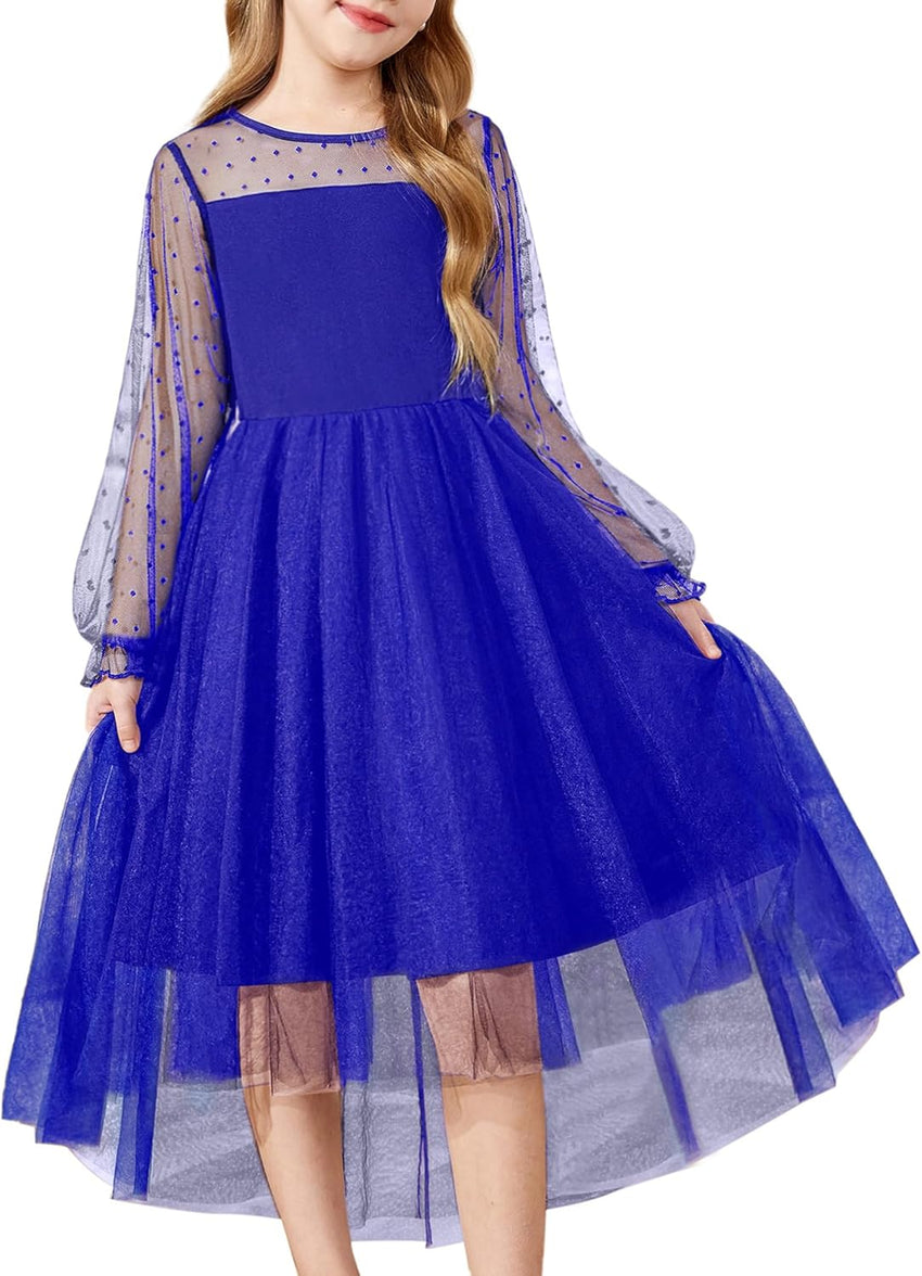 Arshiner Girls Dresses Contrast Mesh Long Sleeve Twirly High Low Birthday Party Formal Dress