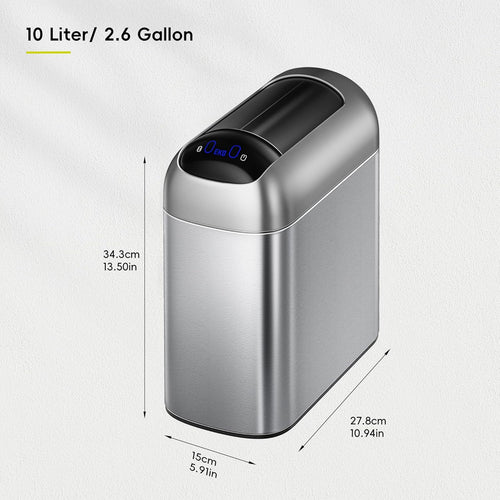 EKO Astro Slim Sensor Trash Can, 10L / 2.6 Gallon Touchless Garbage Bin with Soft-Close Butterfly Lid, Motion Sensor Stainless Steel Trash Can for Bathroom, Kitchen and Office, Waterproof