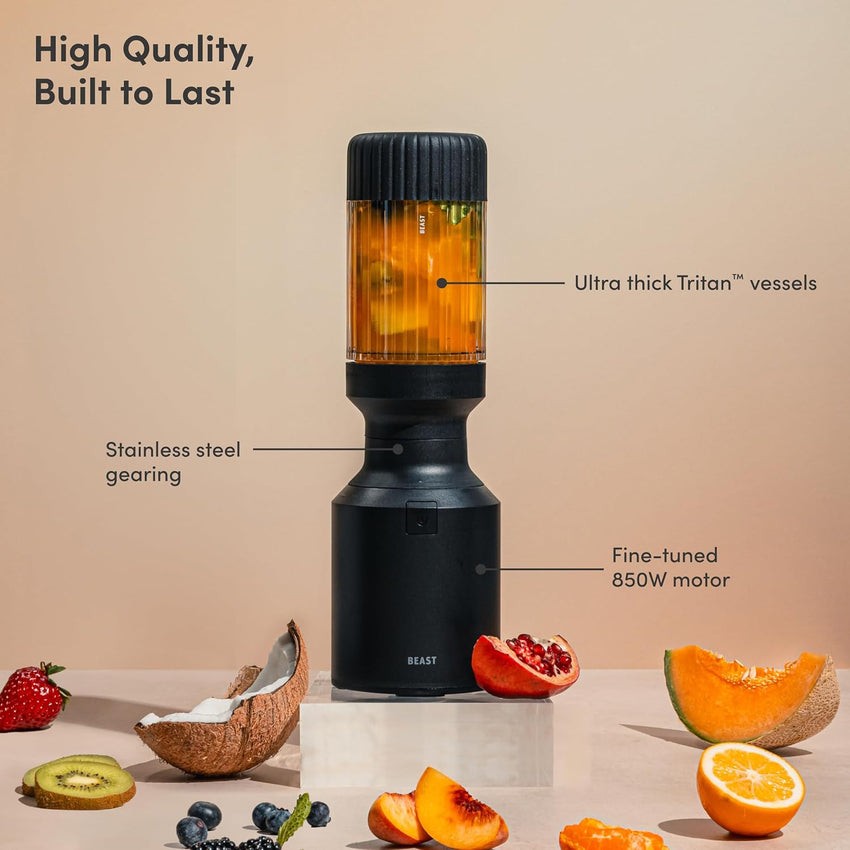 Beast Mighty 850 Plus | Premium Compact Personal Blender | Smoothies, Shakes, Dressings, Sauces | Blends Ice and Frozen Fruit | New XL Vessel | Extra Vessels, Lids and Straws | 850W (Carbon Black)
