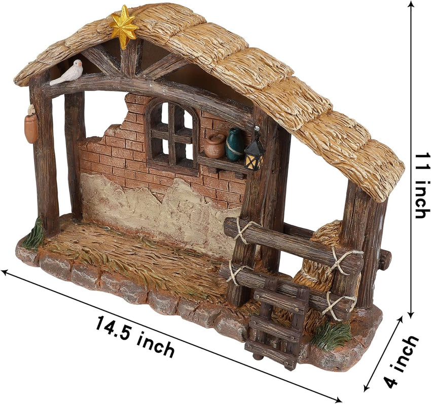 Christmas Nativity Stable, Christmas Decoration Resin Nativity Scene, Hand Painted Jesus Birth Manger Figurines with LED Light, Classic Xmas Table Ornaments for Holiday Indoor Tabletop Fireplace Gift