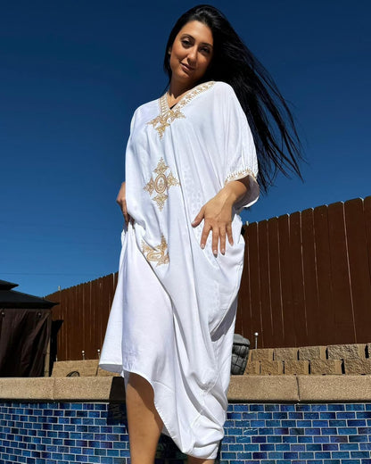 Bsubseach Gold Embroidery Long Kaftan Dresses V Neck Caftan Dress Beach Cover Ups for Women Embroidery
