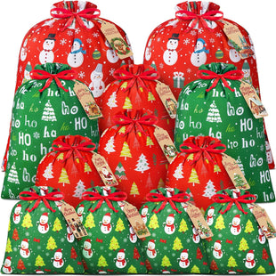 12PCS Christmas Gift Bags Assorted Sizes Bulk, Holiday Gift Bags with Tags, Large Medium Small Xmas Gifts Bag, Fabric Christmas Wrapping Bags Drawstring Gifts Bag for Xmas Presents Party Favors Sack