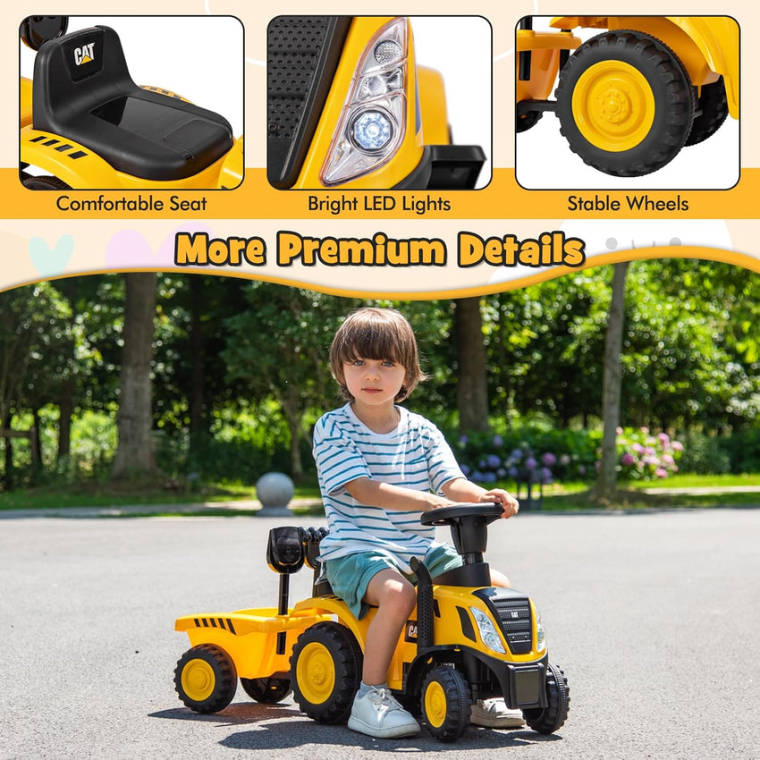 HONEY JOY Kids Ride on Tractor, Licensed Caterpillar Ride On Push Car for Toddlers, Detachable Trailer, Shovel & Rake, Horn, Engine Sound, LED Lights, No Power Ride On Toy for Boys Girls (Yellow)