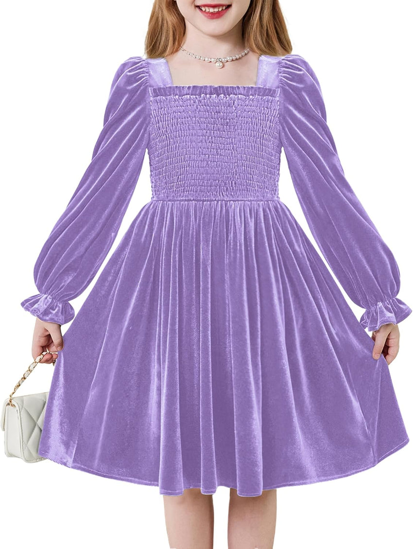 Arshiner Toddler Velvet Dress Girls Smocked Square Neck Puff Long Sleeve Party Dresses with Pockets 3-8Y