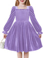 Arshiner Toddler Velvet Dress Girls Smocked Square Neck Puff Long Sleeve Party Dresses with Pockets 3-8Y