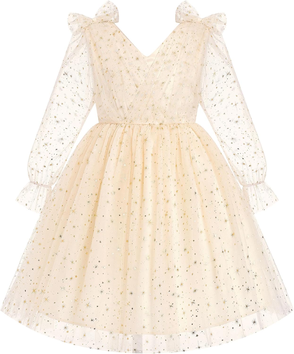 IMEKIS Toddler Kids Girls Tulle Dress Floral Embroidery Sparkly Wedding Party Long Sleeve Fall Photo Shoot Outfit 2-8T