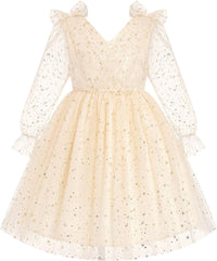 IMEKIS Toddler Kids Girls Tulle Dress Floral Embroidery Sparkly Wedding Party Long Sleeve Fall Photo Shoot Outfit 2-8T
