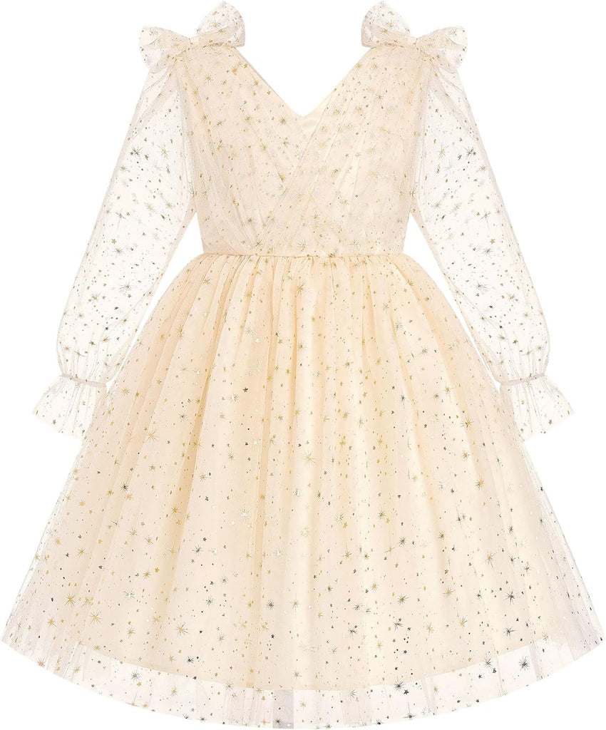 IMEKIS Toddler Kids Girls Tulle Dress Floral Embroidery Sparkly Wedding Party Long Sleeve Fall Photo Shoot Outfit 2-8T