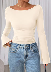 7DAY'S Women's Long Sleeve Shirts 2025 Fall Crop Going Out Tops Casual Boat Neck Bell Sleeve Ribbed Ruched Y2K Clothes