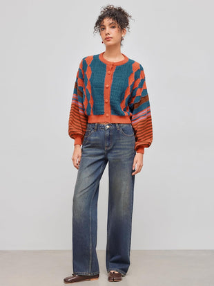 CIDER Cardigans for Women Trendy Crew Neck Striped Geometric Knit Cardigan Oversized Button Up Knitwear