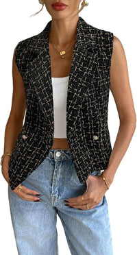 Mina Self 2025 Womens Summer Tweed Plaid Vest Tops Sleeveless Lightweight Crop Double Breasted Work Jacket