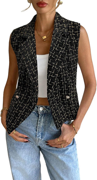 Mina Self 2025 Womens Summer Tweed Plaid Vest Tops Sleeveless Lightweight Crop Double Breasted Work Jacket