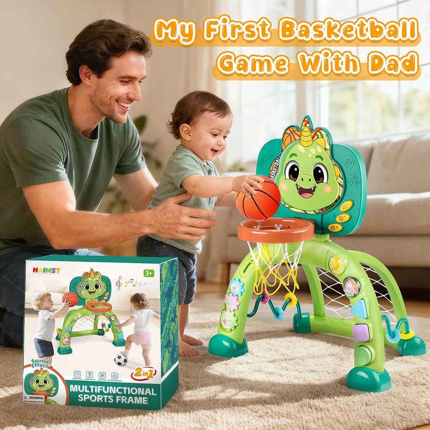 Toddler Basketball Hoop & Soccer Goal, Dinosaur Sports Play Toy Activity Center, Interactive Musical Sports Toys with Light, Christmas Birthday Gift for Boys Girls Age 1-3