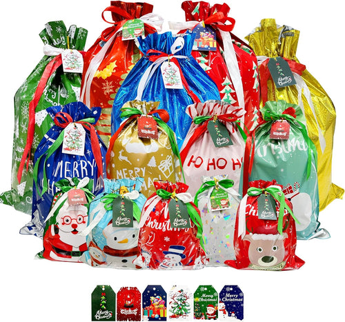 Allruyee 38pcs Christmas Gift Bags Gift Wrapping Bags Assorted Sizes Small Medium Large Jumbo Xmas Gift Treat Wrapping Bags with Tags for Present Party Favors Wrapping