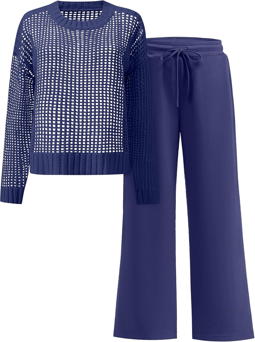 ANRABESS Womens 2 Piece Outfits Crochet Sheer Knit Sweater Top Wide Leg Pants Lounge Sets Sweatsuit 2025 Fall Travel Clothes