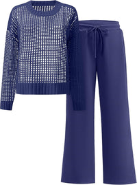 ANRABESS Womens 2 Piece Outfits Crochet Sheer Knit Sweater Top Wide Leg Pants Lounge Sets Sweatsuit 2025 Fall Travel Clothes