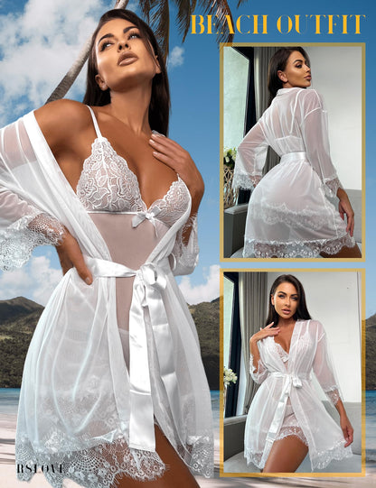 RSLOVE Women Sexy Lingerie Set 3 Piece Babydoll & Lace Kimono Robe Strap Chemise Mesh Nightgown Wine Red M