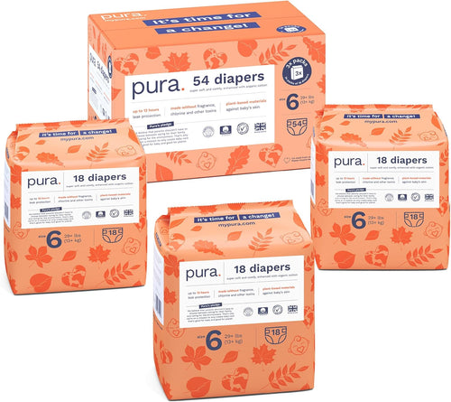 Pura Size 6 Eco-Friendly Diapers (29+ lbs) Hypoallergenic, Soft Organic Cotton, Sustainable, up to 12 Hours Leak Protection, Allergy UK, Recyclable Paper Packaging, 18 Count (Pack of 3) (54 Diapers)