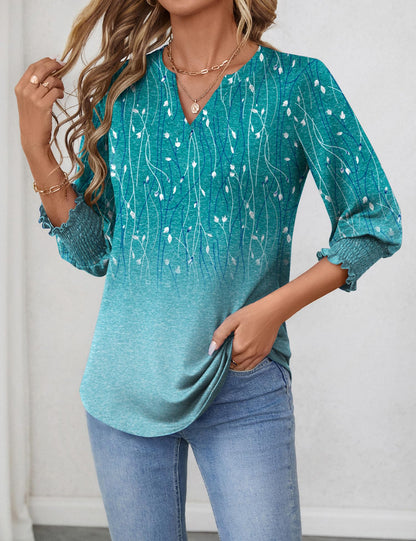 LOMON Blouses for Women Dressy Casual 3/4 Sleeve Tops for Women V Neck T Shirt Ladies Tops and Blouses Orange Blue Print L