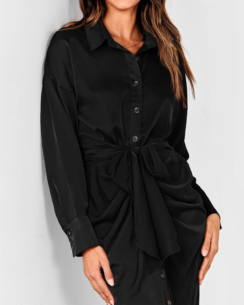 BTFBM Summer Dresses for Women 2025 Long Sleeve Lapel V Neck Button Down Elegant Belted Ruched Satin Shirt Fall Dress