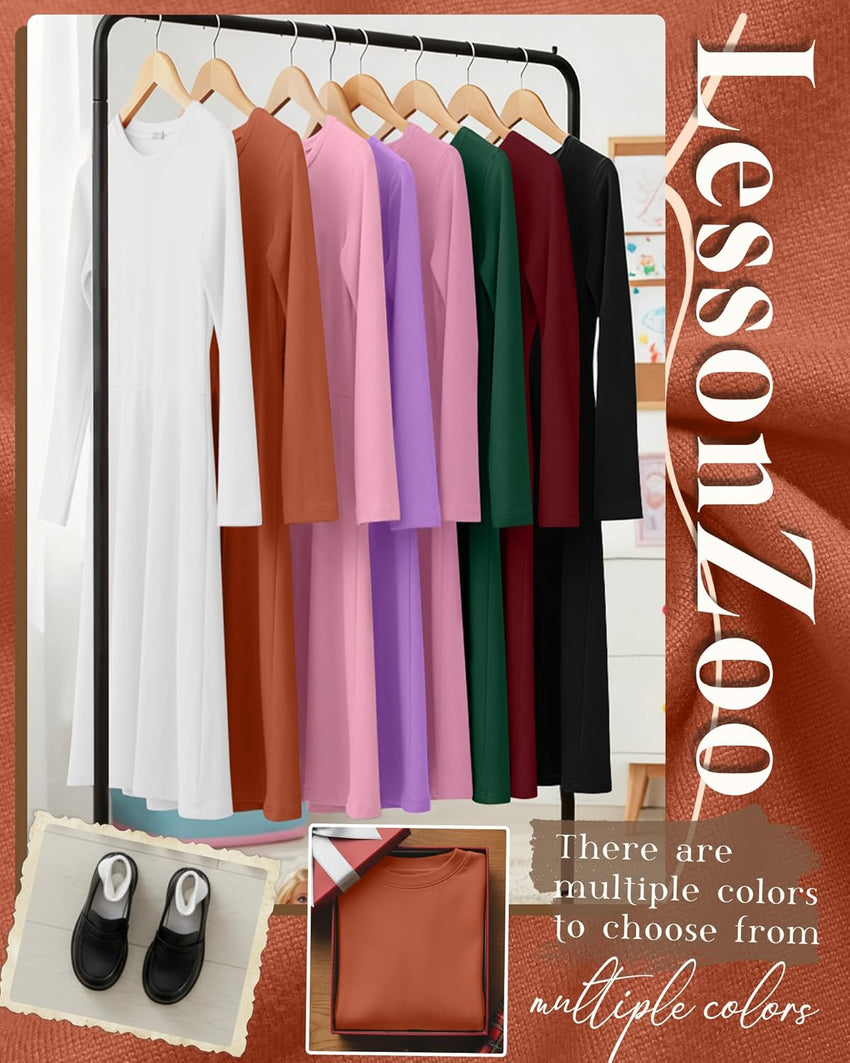 2 Pack Girls Long Sleeve Dress Skater Twirl a Line Crewneck Casual Fall Dresses for Kids 5-14 Years