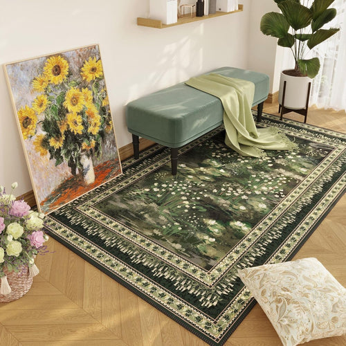 Rugcomf 4x6 Rug for Bedroom Impressionist-Style Vintage Washable Rugs Non Slip Low Pile Small Carpet for Bedside Kids Room Office Dining Room, Green