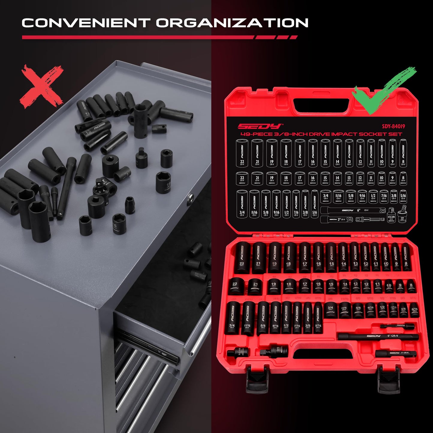 29-Piece 1/2" Drive Impact Socket Set, SAE (3/8 to 1 inch) and Metric (10-24mm) Sizes with Extension Bars Standard Deep Socket Set CR-V Material High Durability Impact Wrench