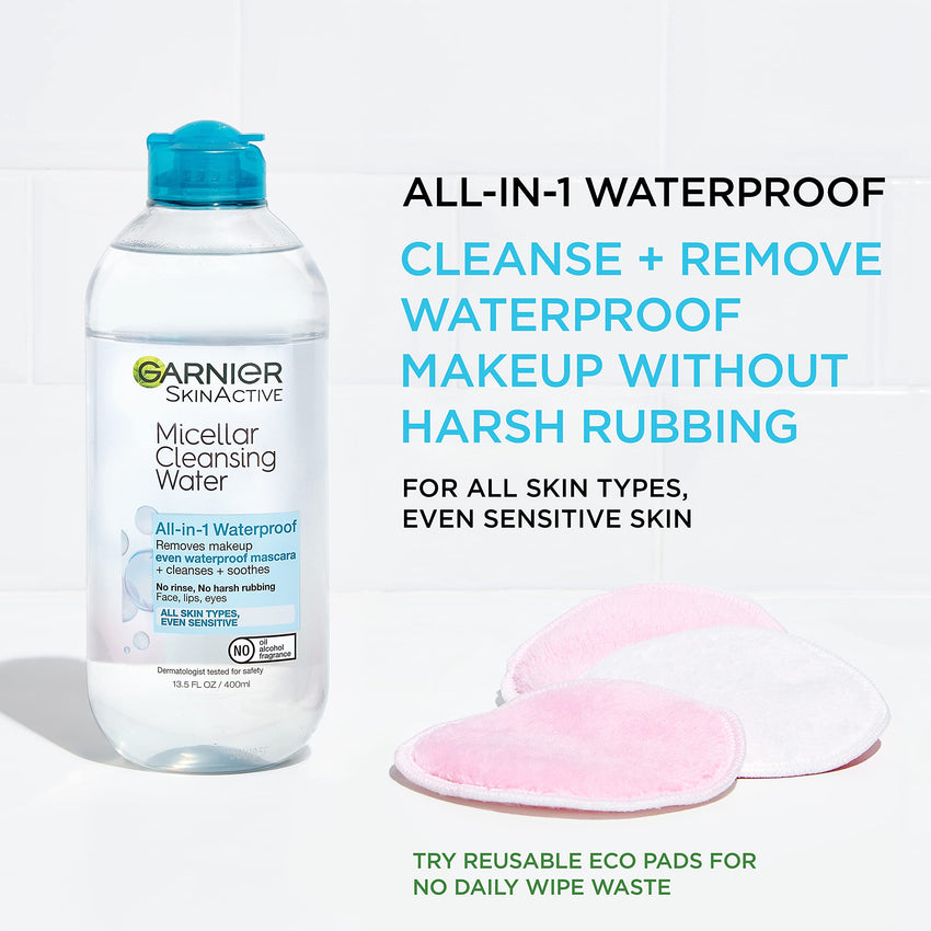 Garnier Micellar Water For Waterproof Makeup, Hydrating Facial Cleanser & Makeup Remover, Suitable for Sensitive Skin, Vegan, Cruelty Free, 13.5 Fl Oz (400mL), 1 Count