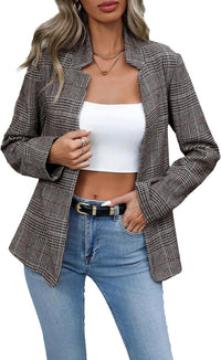 Mina Self 2024 Fall Winter Plaid Blazer Jacket for Women Houndstooth Open Front Elegant Fully Lined Business Work Suit