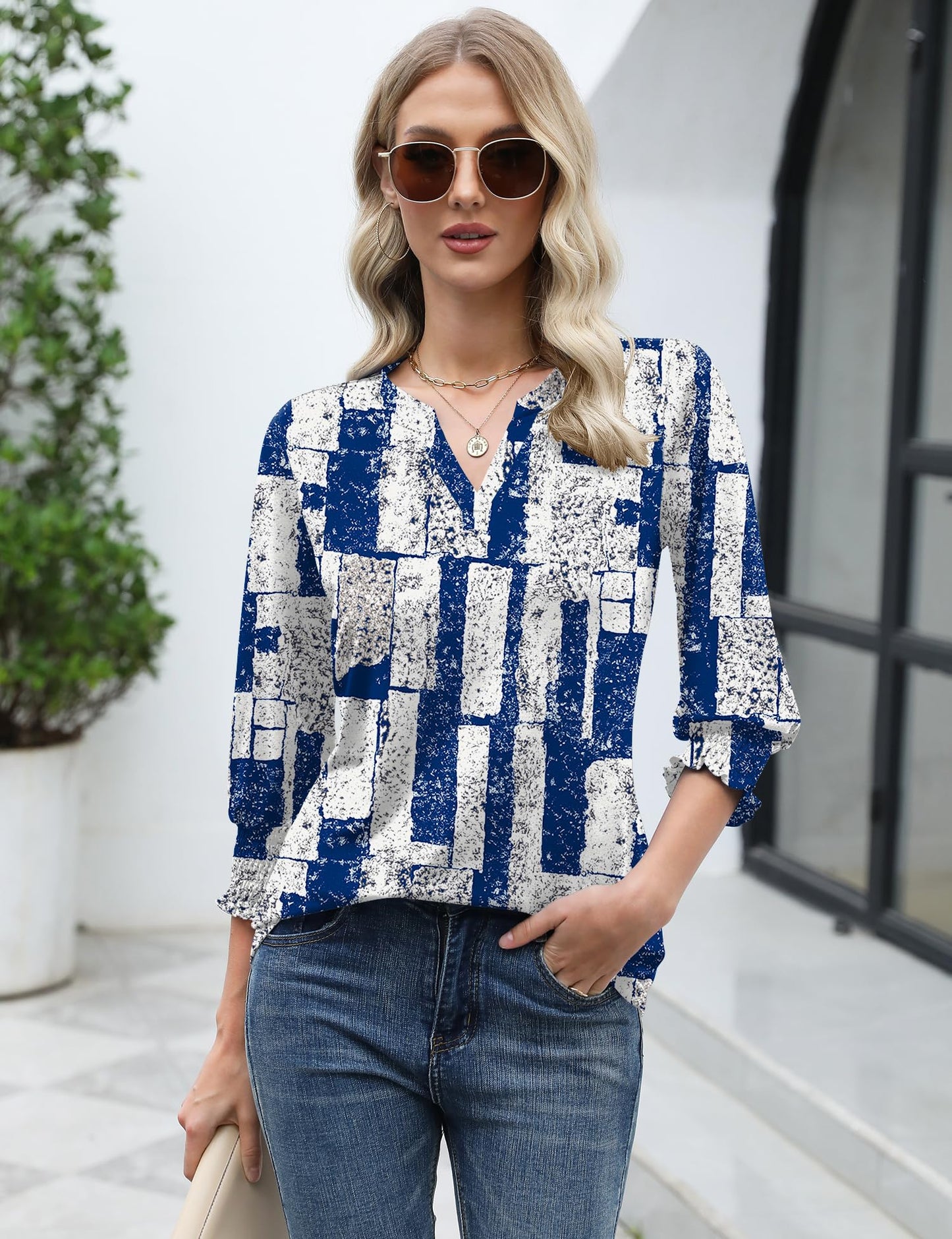 LOMON Blouses for Women Dressy Casual 3/4 Sleeve Tops for Women V Neck T Shirt Ladies Tops and Blouses Orange Blue Print L