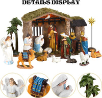 Fovths 17 Pieces Lighted Nativity Christmas Nativity Stable Manger Religious Nativity Stable Manger Figurine Resin Decor for Deluxe Edition Led Nativity Tabletop Holiday Centerpieces Decor, 7 Inch