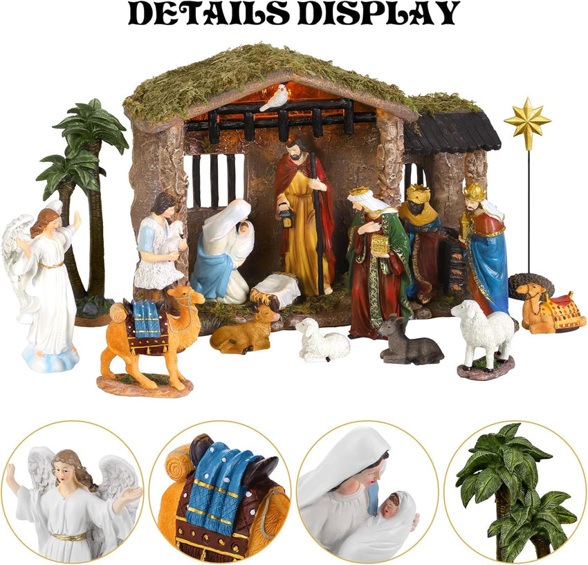 Fovths 17 Pieces Lighted Nativity Christmas Nativity Stable Manger Religious Nativity Stable Manger Figurine Resin Decor for Deluxe Edition Led Nativity Tabletop Holiday Centerpieces Decor, 7 Inch