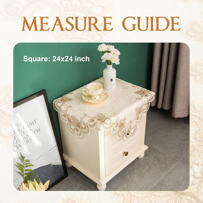 Lace Small Square Tablecloth Embroidered Farmhouse Table Cloth with Macrame Border Side Table Cover for Dresser Beside Table Nightstand Stone 24x24 inch