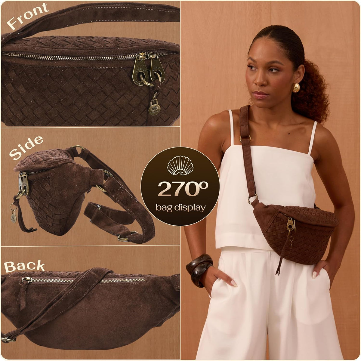 Woven Anti-Pickpocket Crossbody Bag for Women, Vegan Suede Travel Purse with RFID Pocket, Phone Pocket, Adjustable Strap and Extender, Hands-Free Sling Bag for Everyday and Travel, Dark Brown