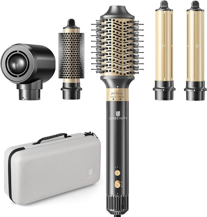 Hair Dryer Brush, webeauty 5 in 1 Professional Hot Air Styling, High-Speed Negative Ionic Hair Dryer Fast Drying, Multi Hair Styler with Air Curling Iron, Volumizing, with Carrying Case (Grey Gold)