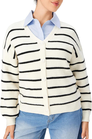 CIDER Women's Striped Knit Cardigan Button Down V Neck Fall Fashion Casual Sweater