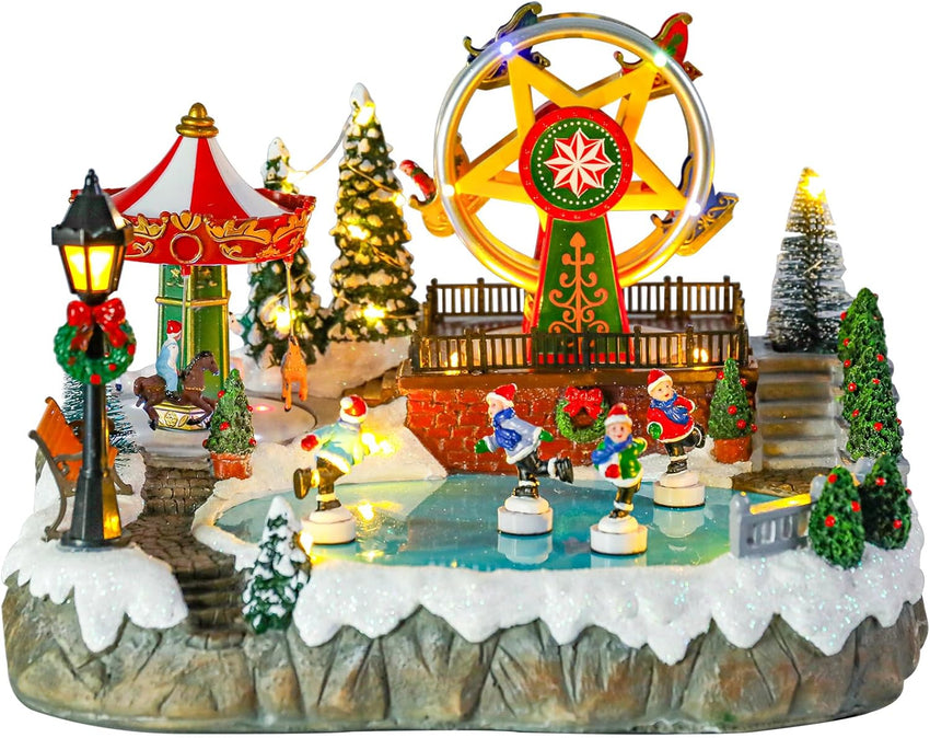 Bdor Christmas Village Lighted Decoration Musical Animated Display Christmas Collectible Santa Battery Operated Resin Indoor Decor
