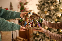 Valery Madelyn Christmas Nativity Figurines with LED Lights, Red Gold Holy Family Nativity Scenes Set Resin Manger for Xmas Indoor Home Table Fireplace Holiday Decorations, 10.6 Inch Tall