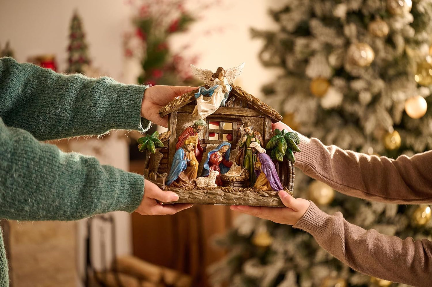 Valery Madelyn Christmas Nativity Figurines with LED Lights, Red Gold Holy Family Nativity Scenes Set Resin Manger for Xmas Indoor Home Table Fireplace Holiday Decorations, 10.6 Inch Tall