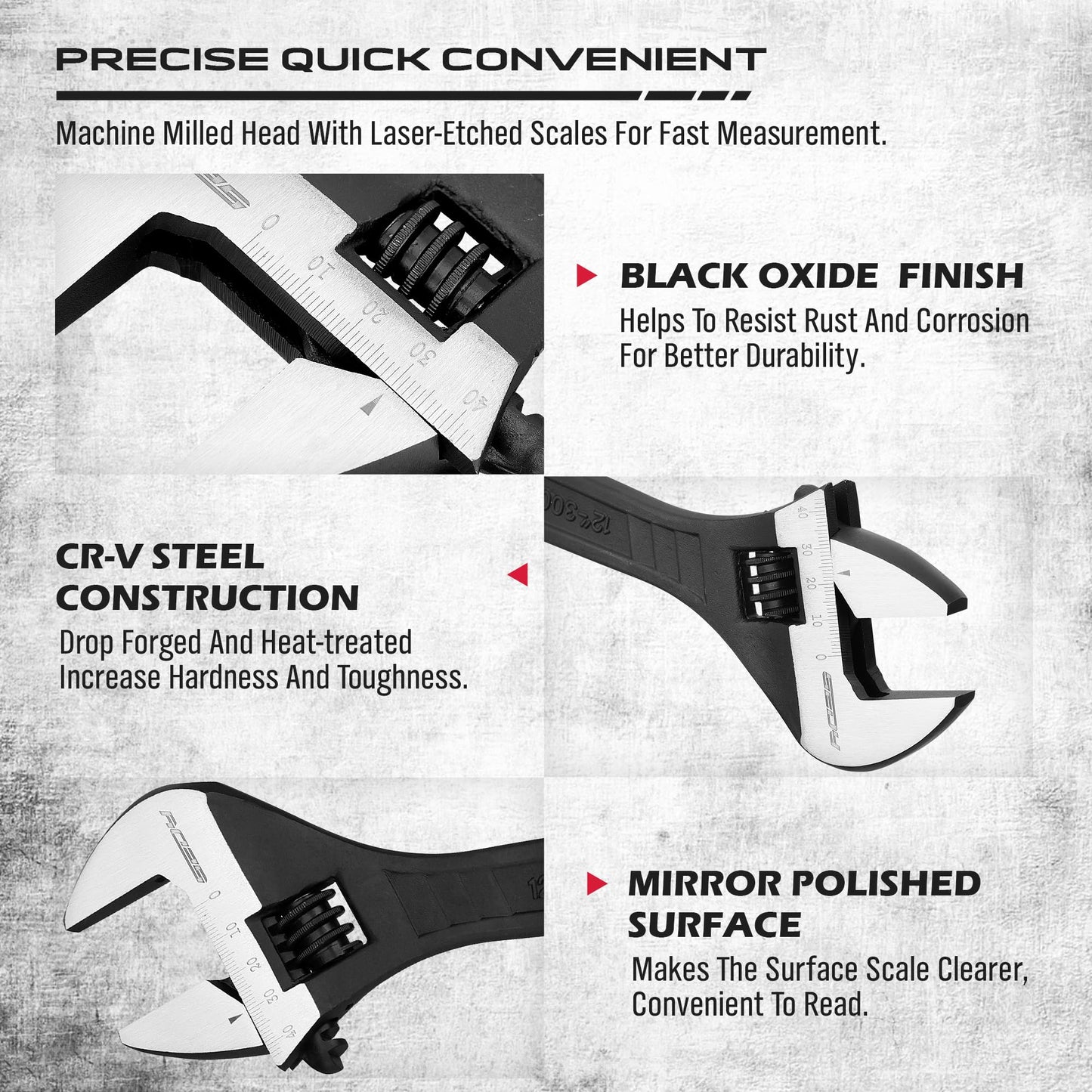 Adjustable Wrench Set Wrenches Sets: 4-Piece 6, 8, 10, 12 Inch Chrome Vanadium Steel Corrosion-Resistant Black Oxide Finish for Automotive Plumbing and Household Repairs