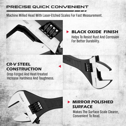 Adjustable Wrench Set Wrenches Sets: 4-Piece 6, 8, 10, 12 Inch Chrome Vanadium Steel Corrosion-Resistant Black Oxide Finish for Automotive Plumbing and Household Repairs