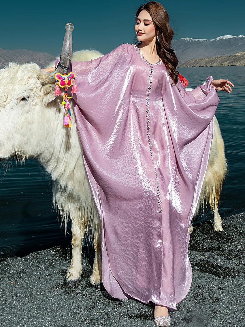 Elegant Butterfly Shine Abaya Dress, Dusty Rose, V-Neck Muslim Dress with Crystal Hand Beading, Kaftan Style, One-Size