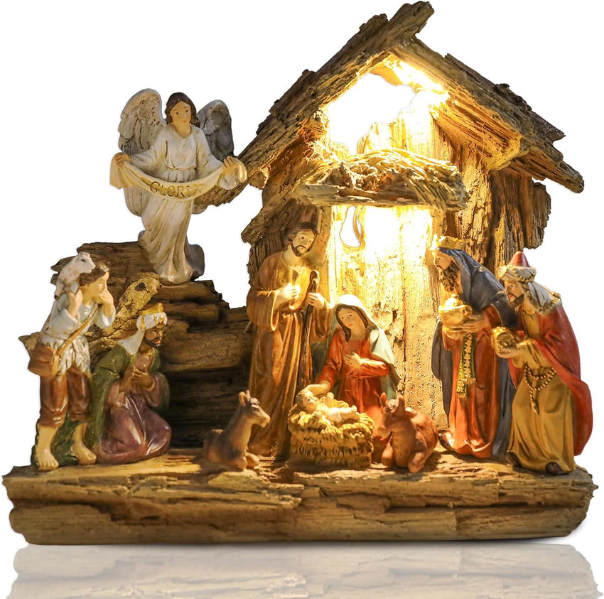 Bshine Nativity Scene Set Christmas Decor, Wooden Stable with LED Lights 12.4x9.05 Holy Family with Manger Baby Jesus Figurine, Nativity Scene Indoor Decor Home Desktop Collectible Ornaments