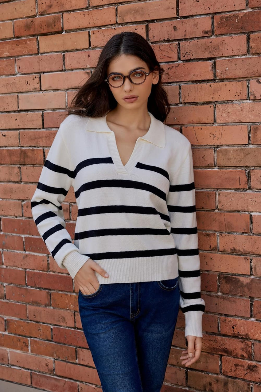 CIDER Women’s Polo Sweater Striped Collared Lightweight Long Sleeve V Neck Pullover Fall Sweater Tops 2025