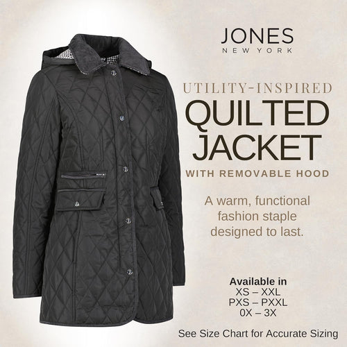 Jones NY Mid-Length Womens Quilted Jacket with Pockets - Winter Coats for Women, Black