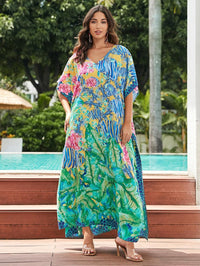 Women's Plus Size Loose Fit Moroccan Print V-Neck Batwing Kaftan Beach Dress Bathing Suit Cover Up