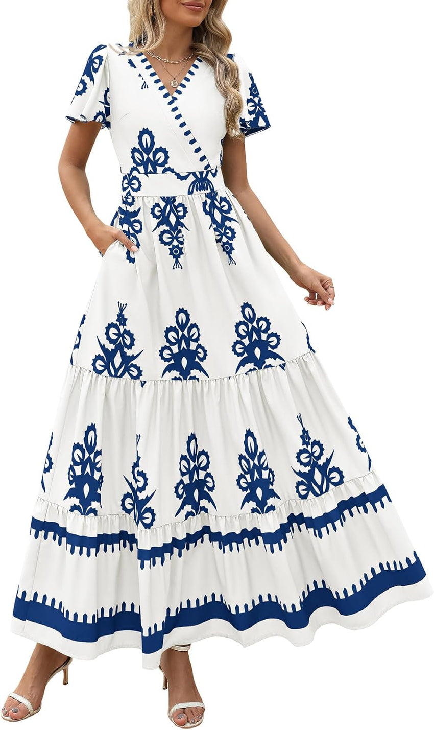 PRETTYGARDEN Womens 2025 Summer Casual V Neck Boho Maxi Dress Flowy Aline Bell Sleeve Tiered Floral Dresses with Pocket